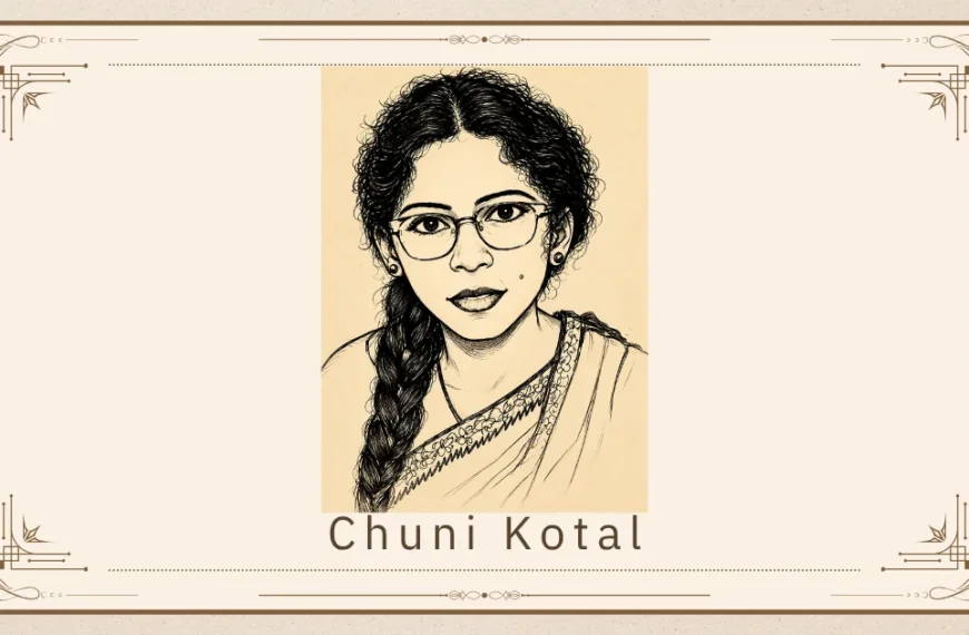 Sketch portrait of Chuni Kotal wearing glasses and a traditional sari.