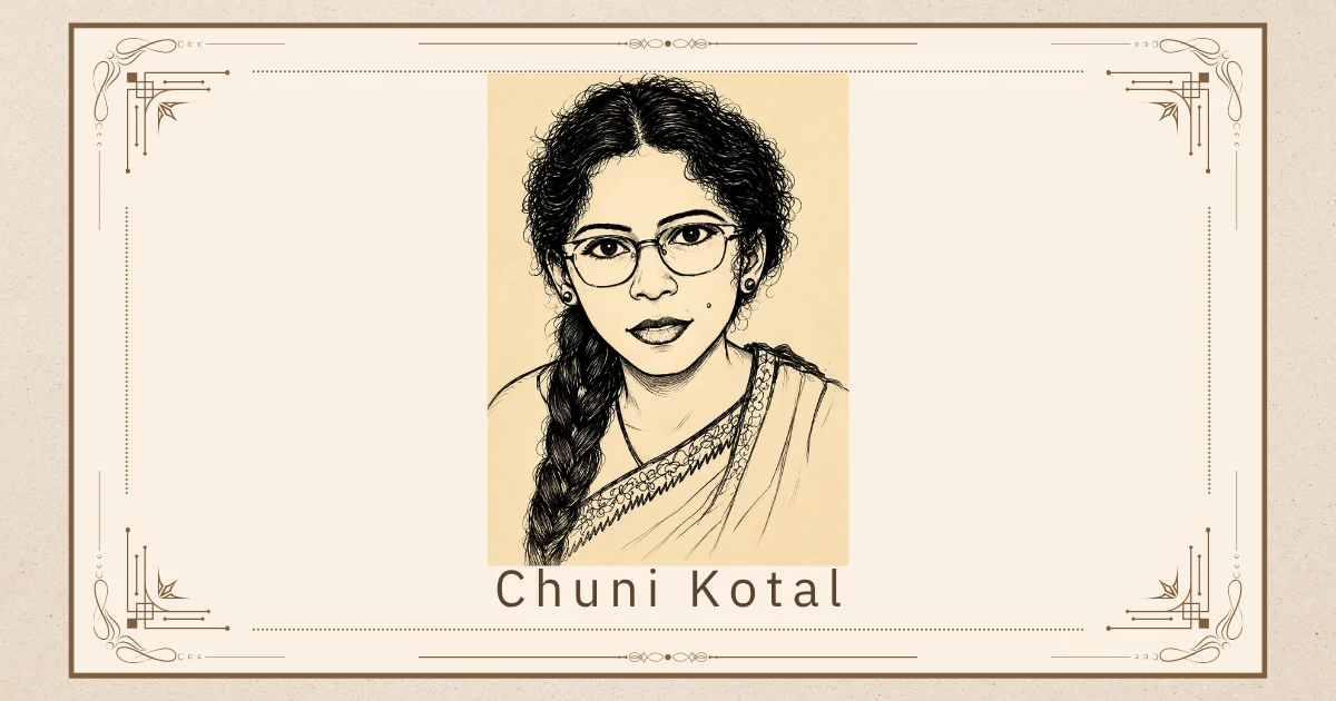 Sketch portrait of Chuni Kotal wearing glasses and a traditional sari.