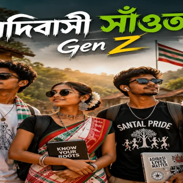 আদিবাসী সাঁওতাল Gen Z তরুণ-তরুণীদের সাংস্কৃতিক পরিচয় ও সাঁওতাল গর্বের প্রতীকী পোস্টার