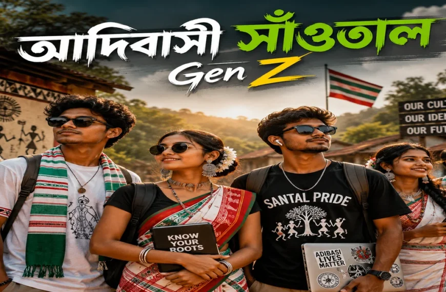 আদিবাসী সাঁওতাল Gen Z তরুণ-তরুণীদের সাংস্কৃতিক পরিচয় ও সাঁওতাল গর্বের প্রতীকী পোস্টার