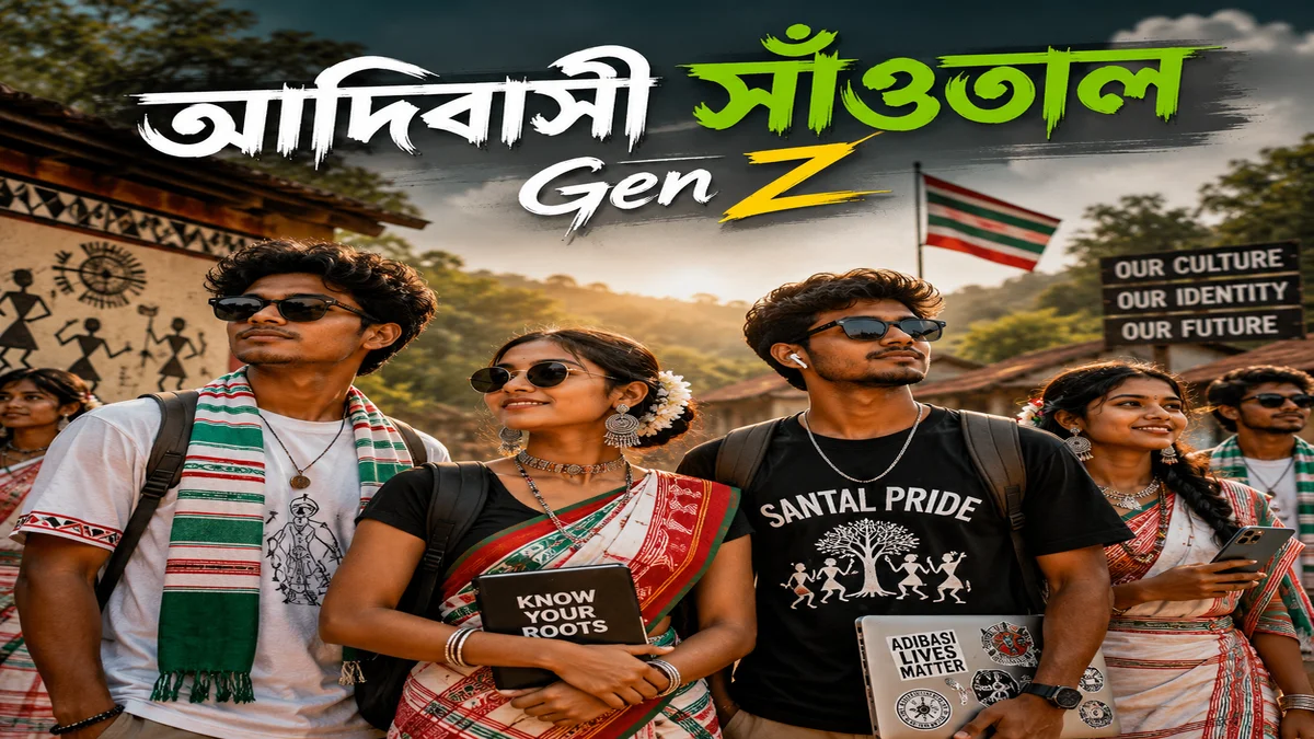 আদিবাসী সাঁওতাল Gen Z তরুণ-তরুণীদের সাংস্কৃতিক পরিচয় ও সাঁওতাল গর্বের প্রতীকী পোস্টার
